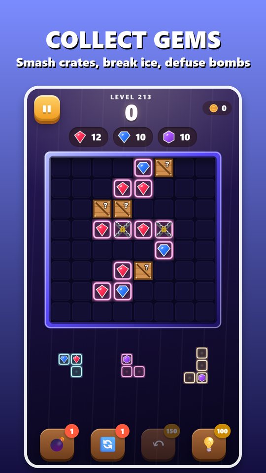 Collect gems, smash crates and break ice